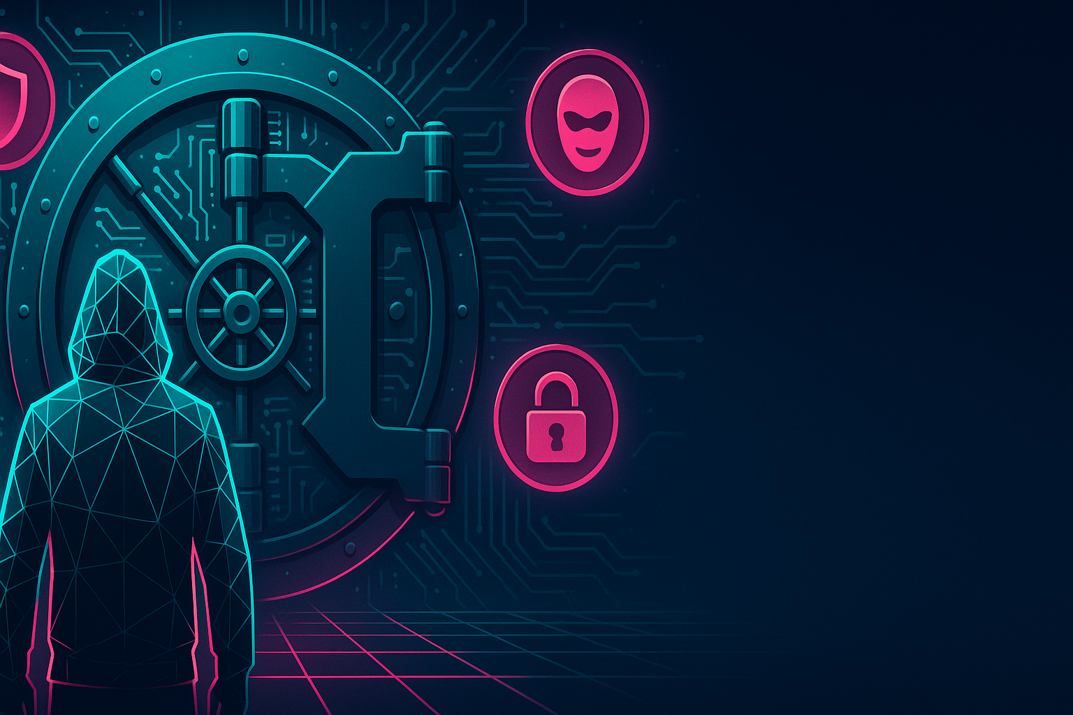 Hooded polygonal figure guarding digital vault with floating privacy coins