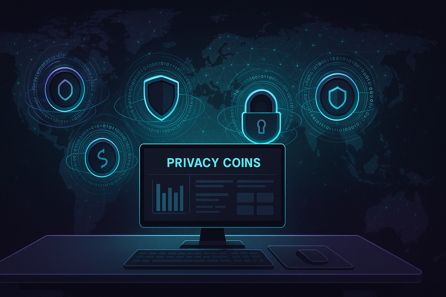 Futuristic dashboard comparing top privacy coins with secure encrypted network visuals