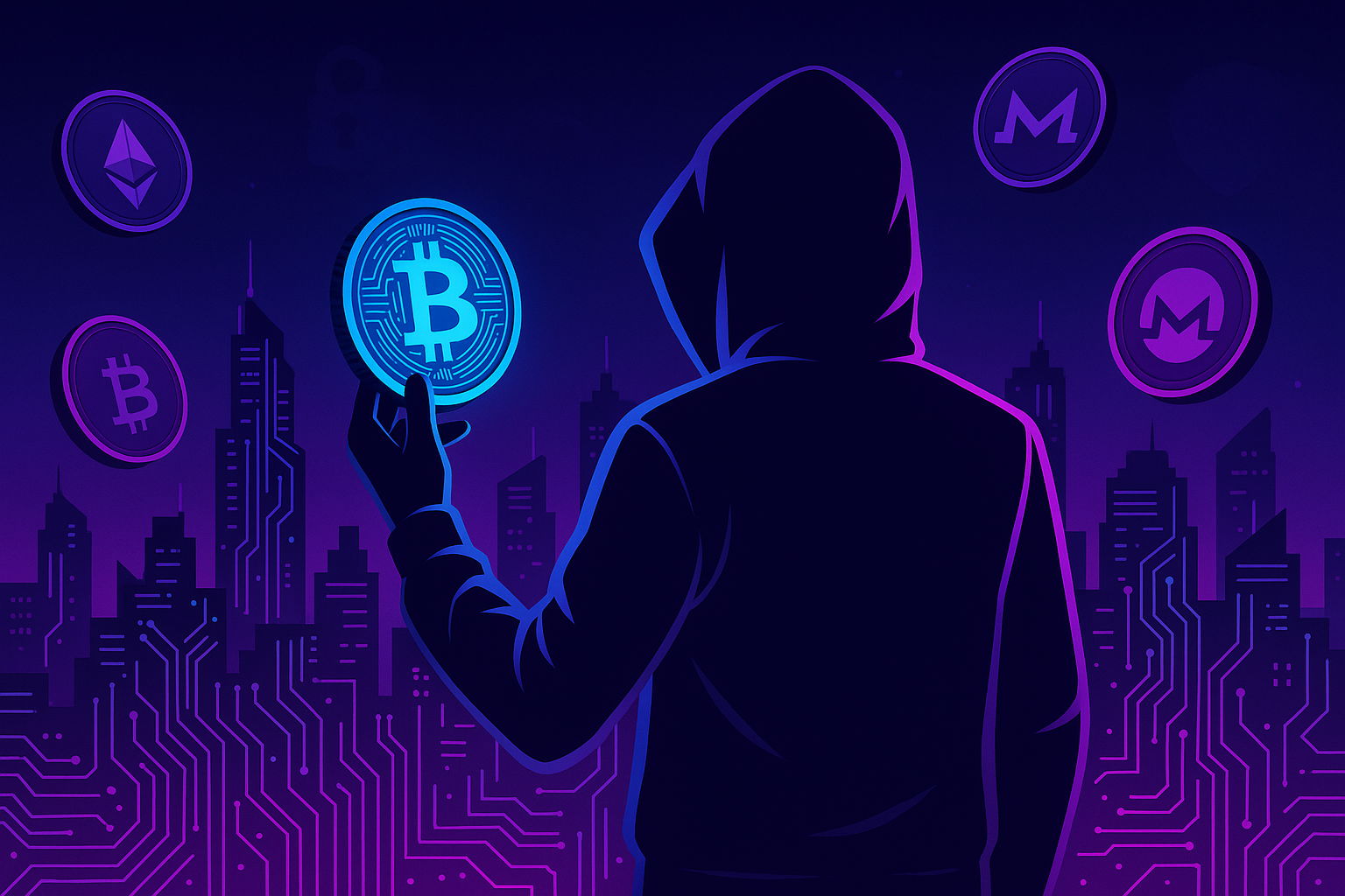 Anonymous crypto user holding glowing Bitcoin coin over neon circuit city skyline
