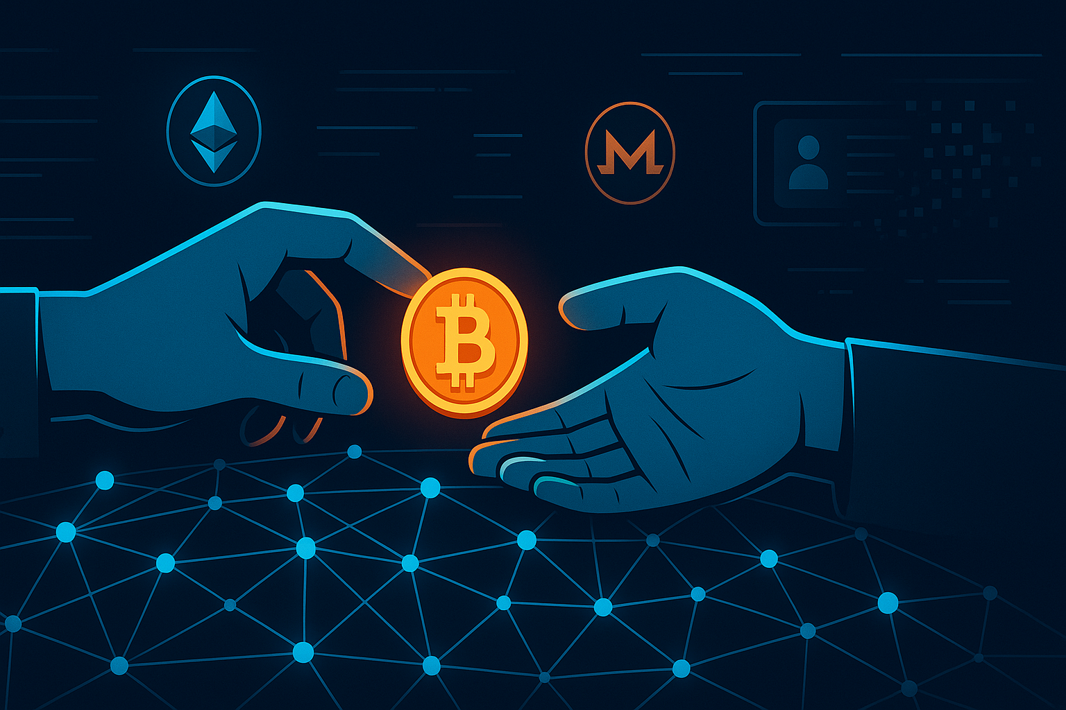 Anonymous hands exchanging a glowing Bitcoin over a private decentralized crypto network