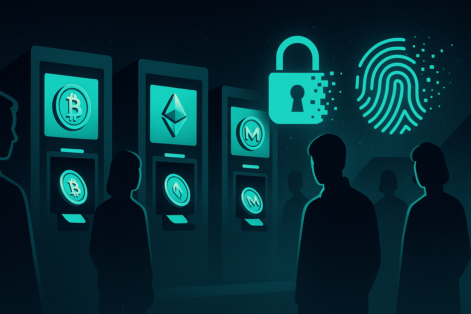 Abstract crypto marketplace banner highlighting private, ID-free Bitcoin purchases