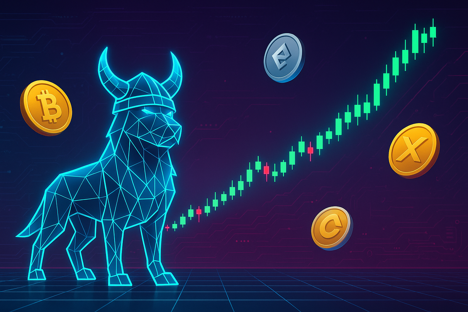 Futuristic Viking dog crypto mascot on rising price chart banner