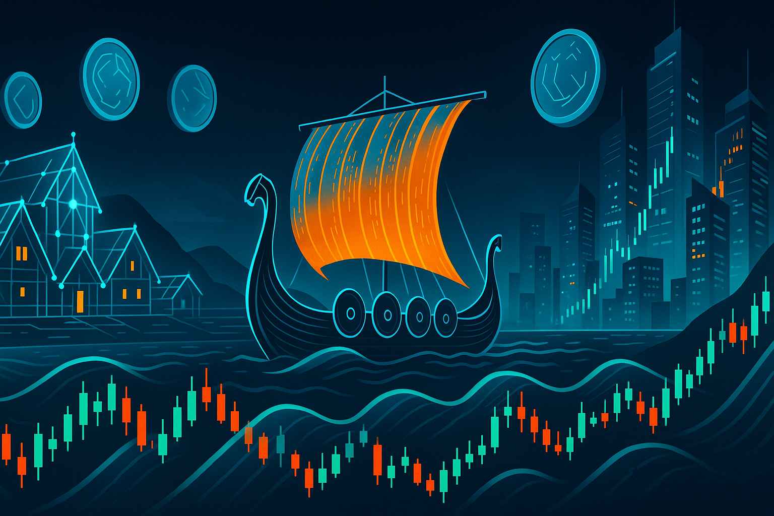 Futuristic Nordic crypto village with data-viking ship sailing on candlestick chart waves at night