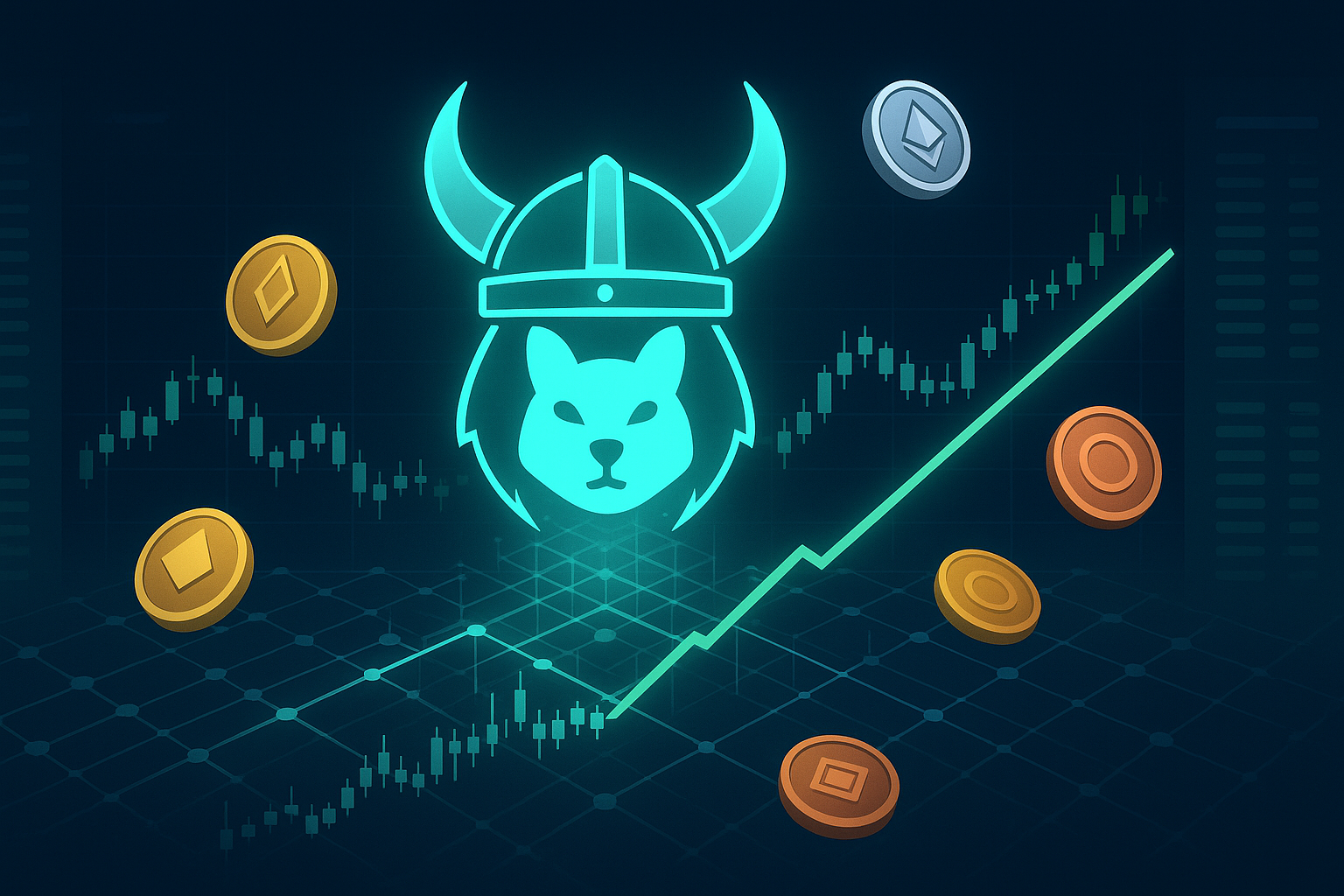 Futuristic Viking dog crypto banner with blockchain grid and rising price chart
