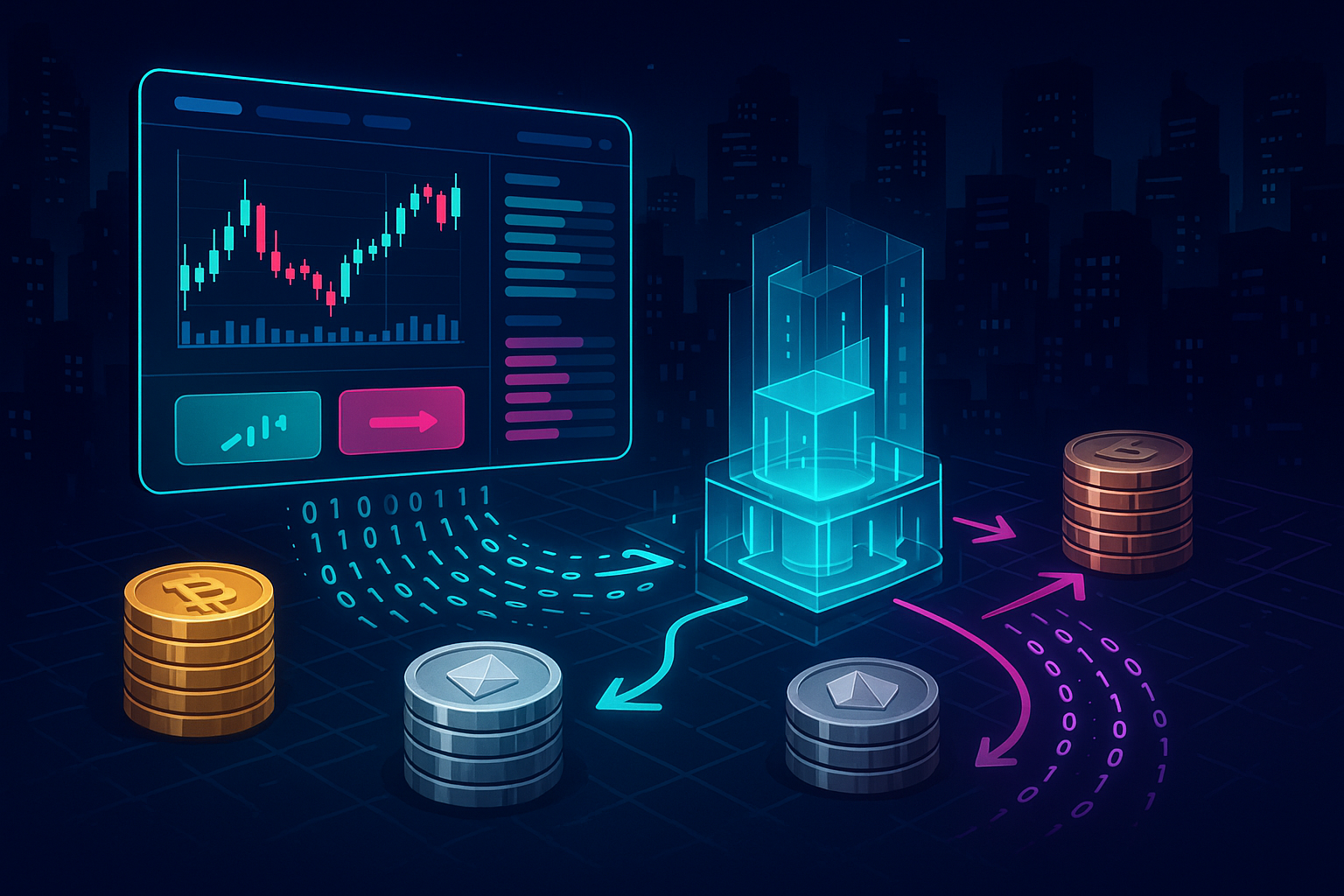 Futuristic crypto exchange dashboard over neon city with coins and data flows