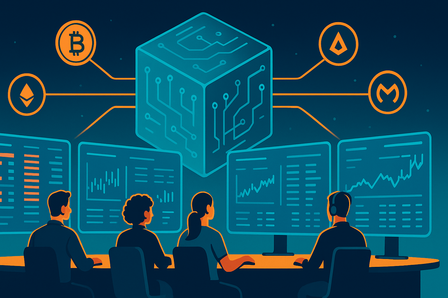 Diverse crypto traders at glowing desks using a centralized exchange interface