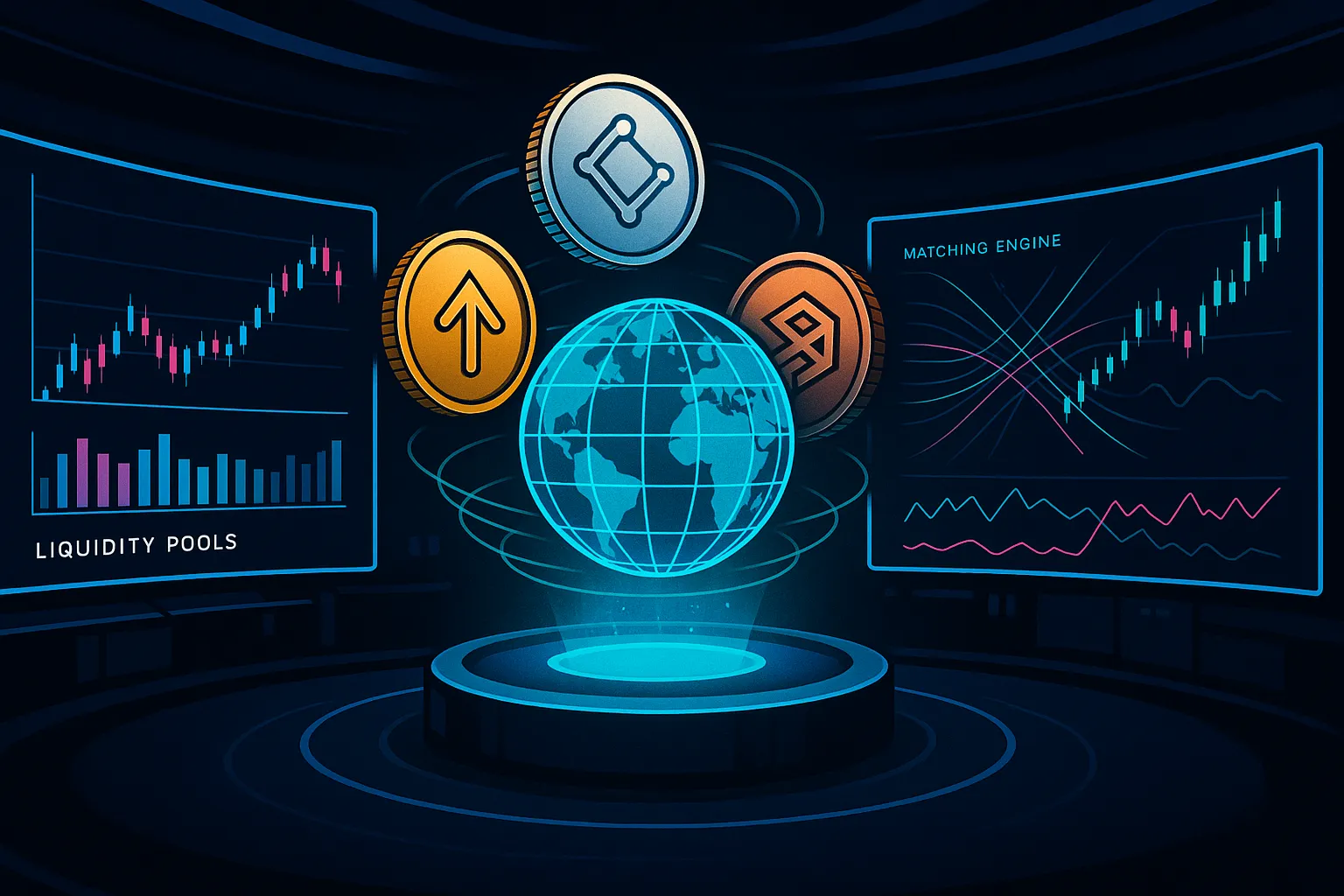 Futuristischer Kontrollraum einer Krypto-Börse mit holografischem Globus und dynamischen Handelsvisualisierungen