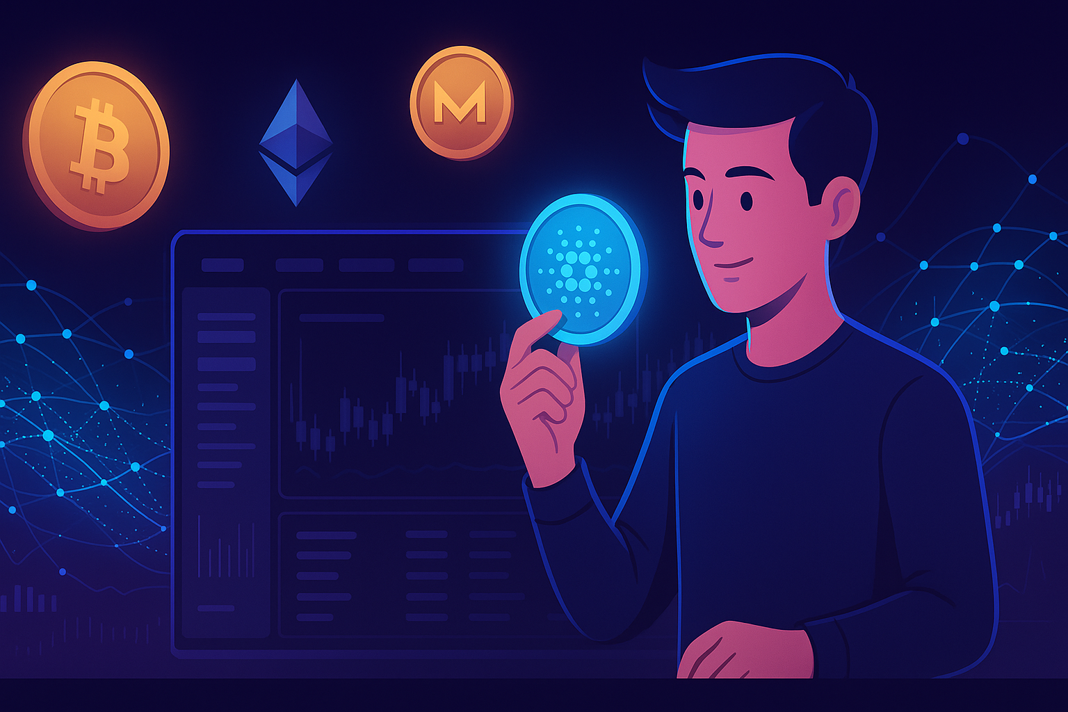 User holding glowing ADA coin before crypto exchange with Cardano network