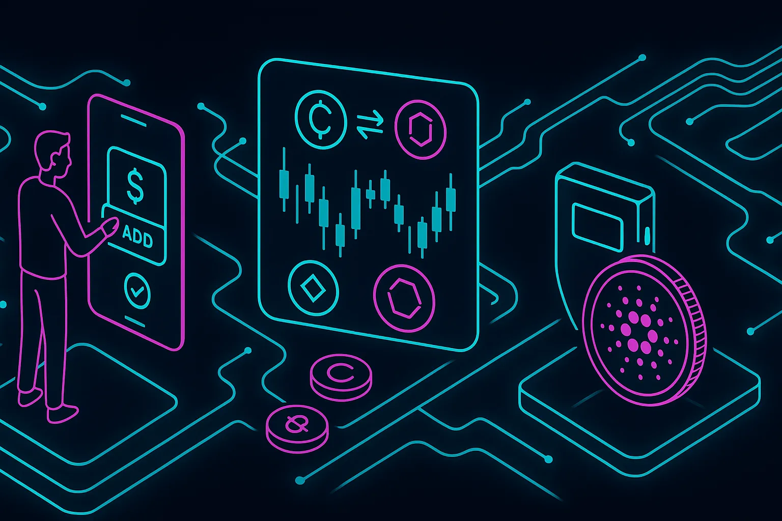 Ilustração passo a passo mostrando como comprar e armazenar Cardano com segurança.