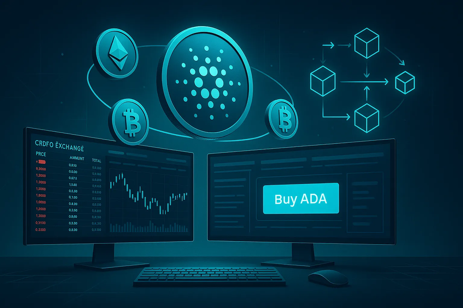 Mesa de negociação de criptomoedas futurista com telas focadas em ADA e moedas orbitando um símbolo central de Cardano.