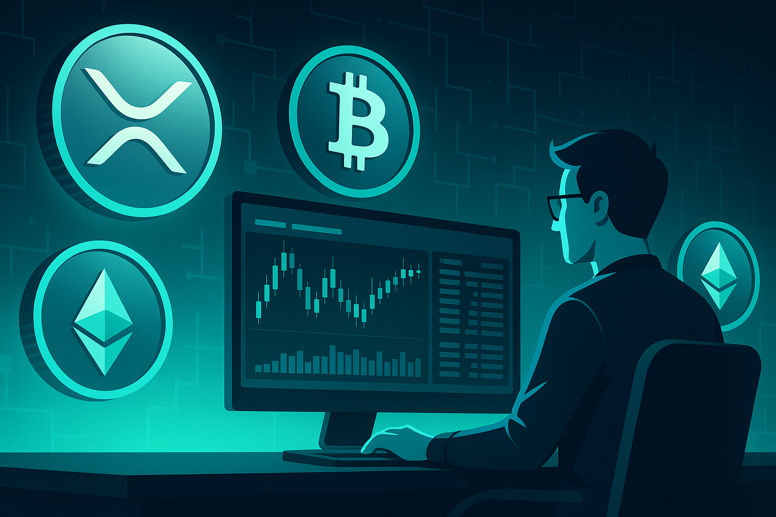 Crypto trader using a sleek exchange dashboard with XRP and other coins floating in a neon blockchain landscape