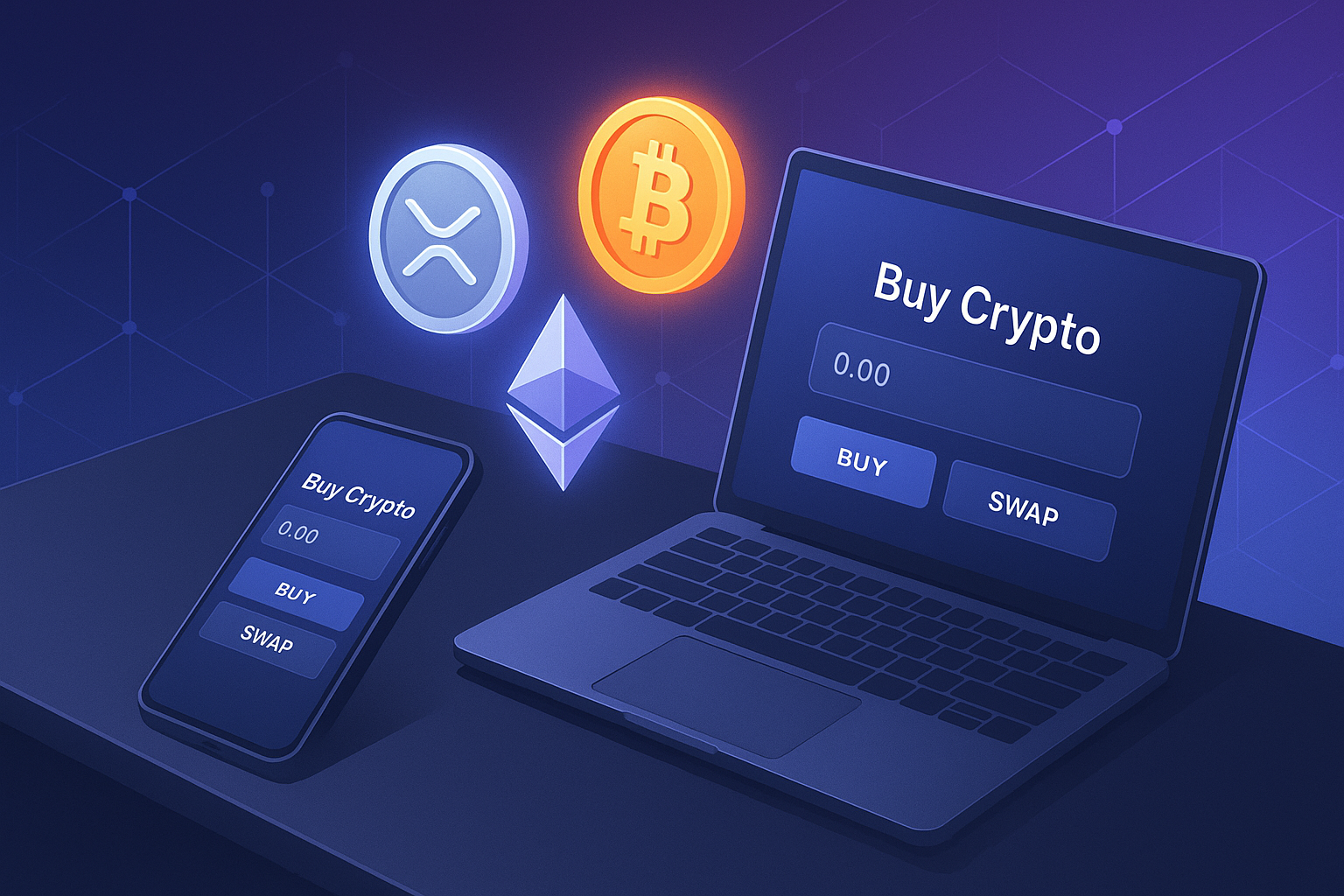 Futuristic laptop and phone showing crypto buy screen with XRP, BTC, and ETH coins on dark desk