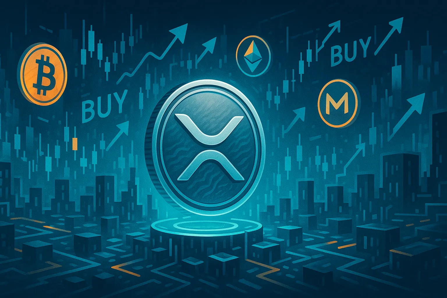 La criptovaluta digitale XRP in una città futuristica con segnali di acquisto.