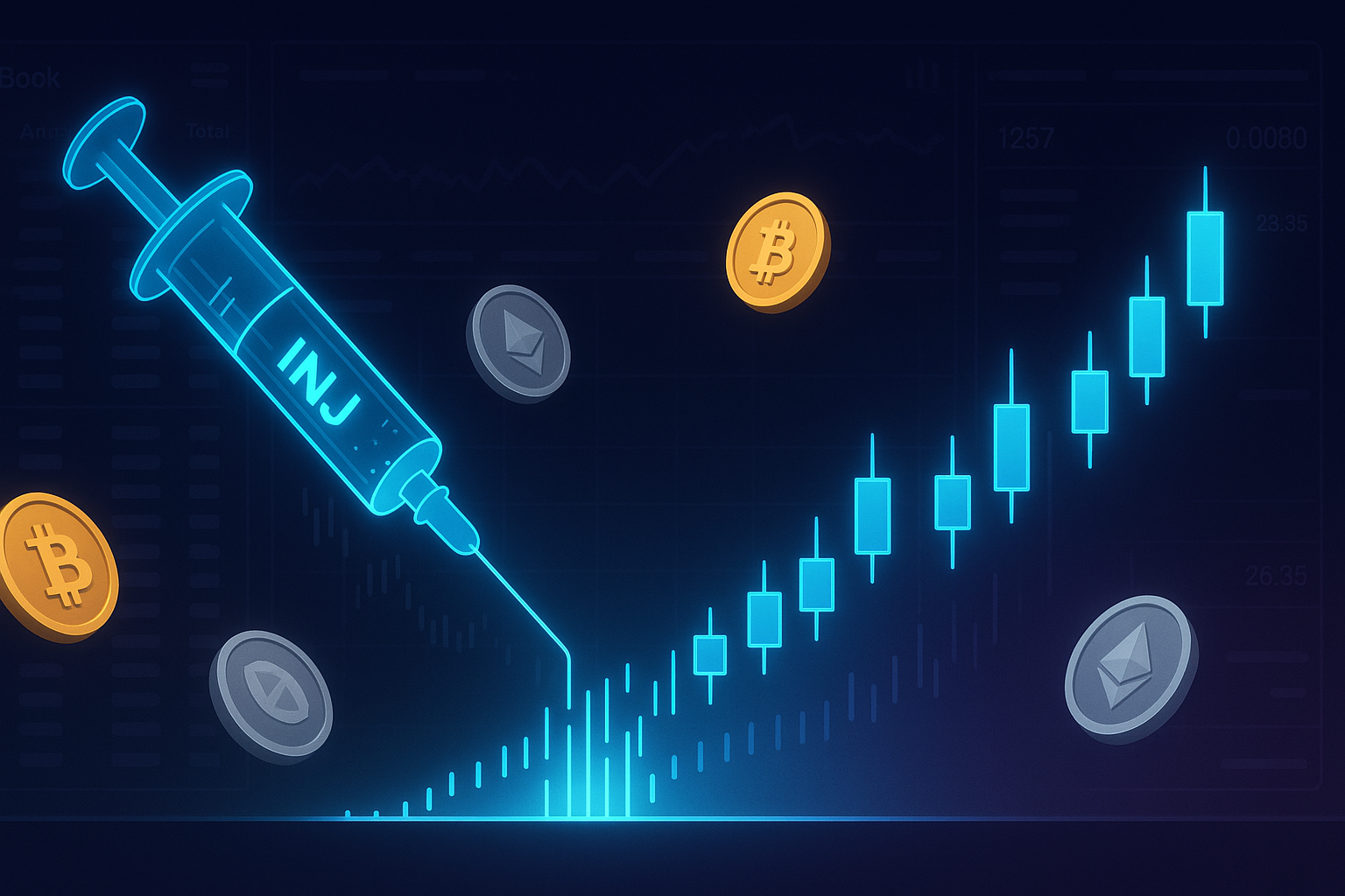 Futuristic INJ syringe injecting data into crypto candlestick chart