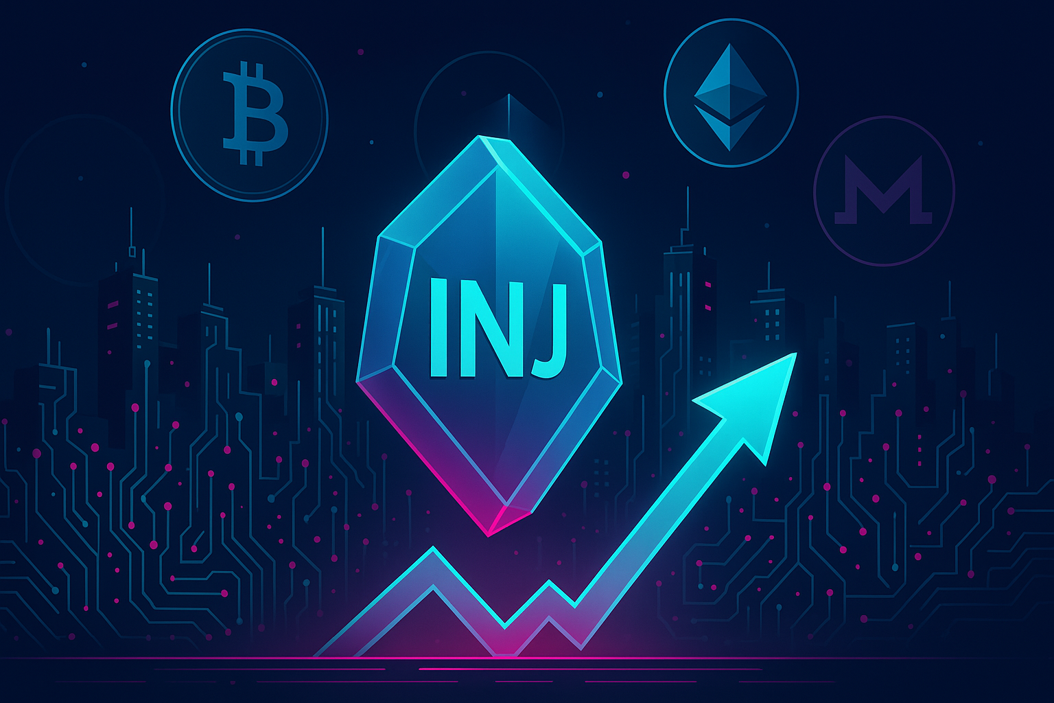INJ token hovering over rising price chart in futuristic blockchain cityscape