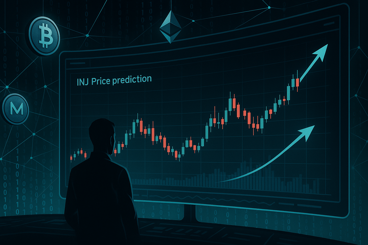 INJ price prediction chart on curved holographic crypto trading screen in dark mode