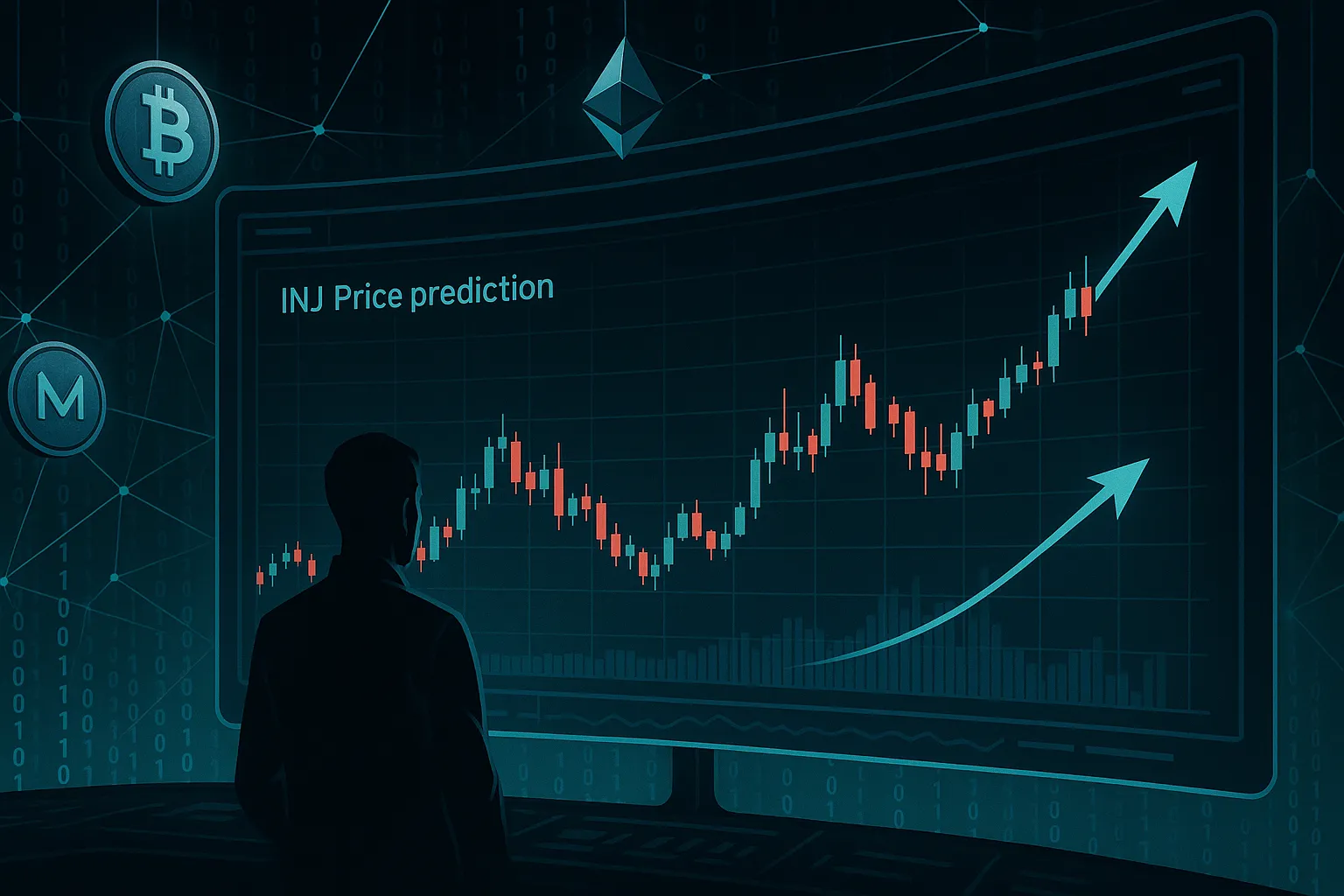INJ price prediction chart on curved holographic crypto trading screen in dark mode