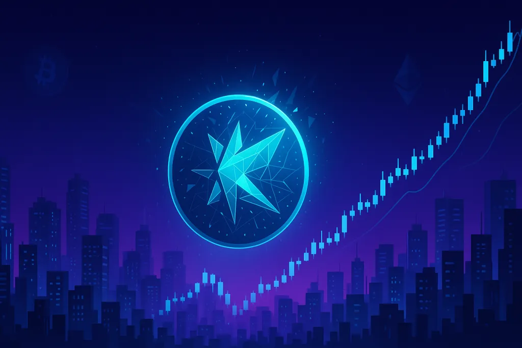 Banner futurista de previsão de preço da Kaspa com cidade cripto em neon e gráficos em ascensão.