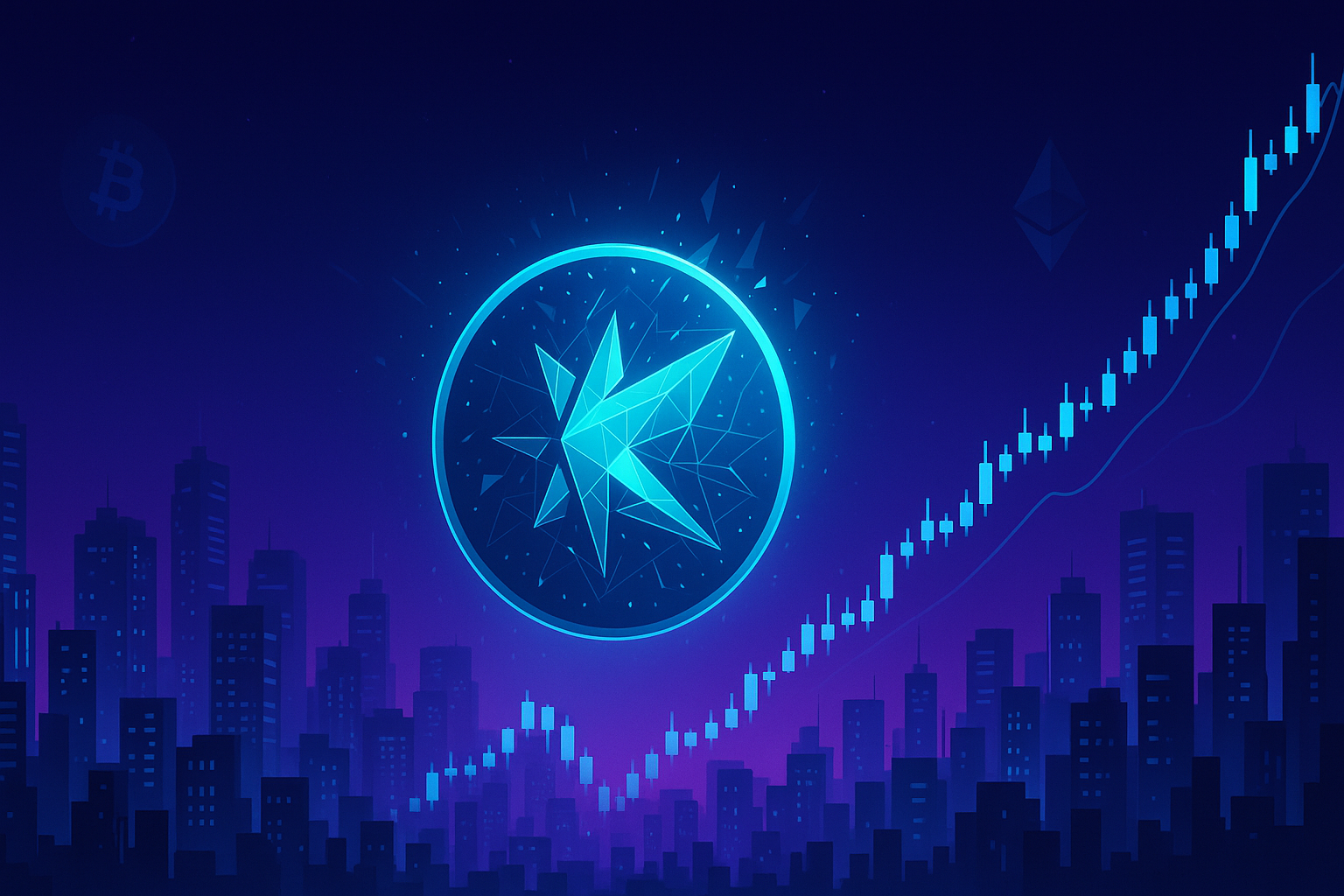Futuristic Kaspa price prediction banner with neon crypto city and rising charts