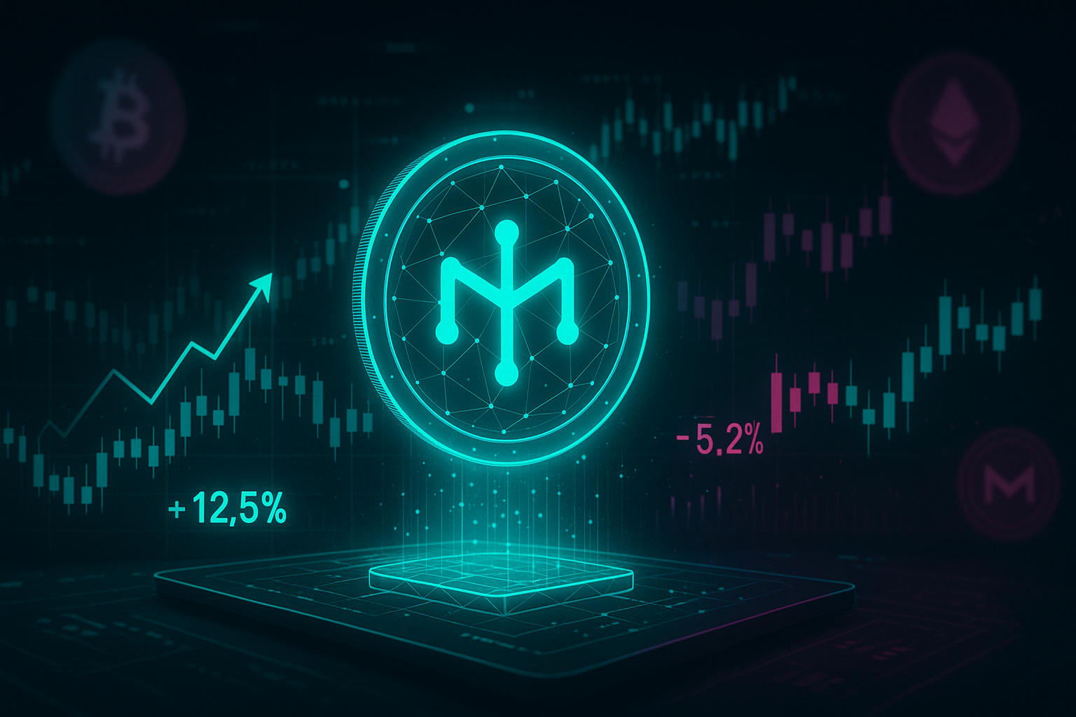 Holographic Kaspa coin above trading desk with crypto price charts and coins