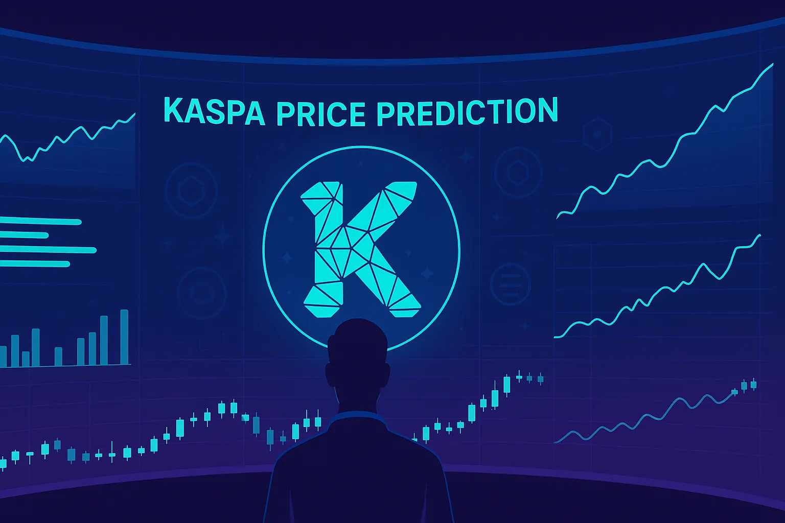 Painel de previsão de preços da Kaspa com silhueta do trader e gráficos futuristas de criptomoedas.