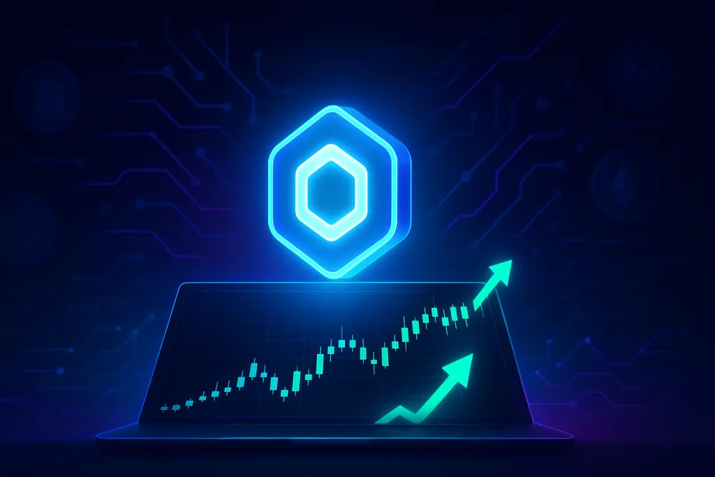 Futuristisch LINK-achtig cryptotoken boven een bullish handelsgrafiek met belangrijke cryptomunten.