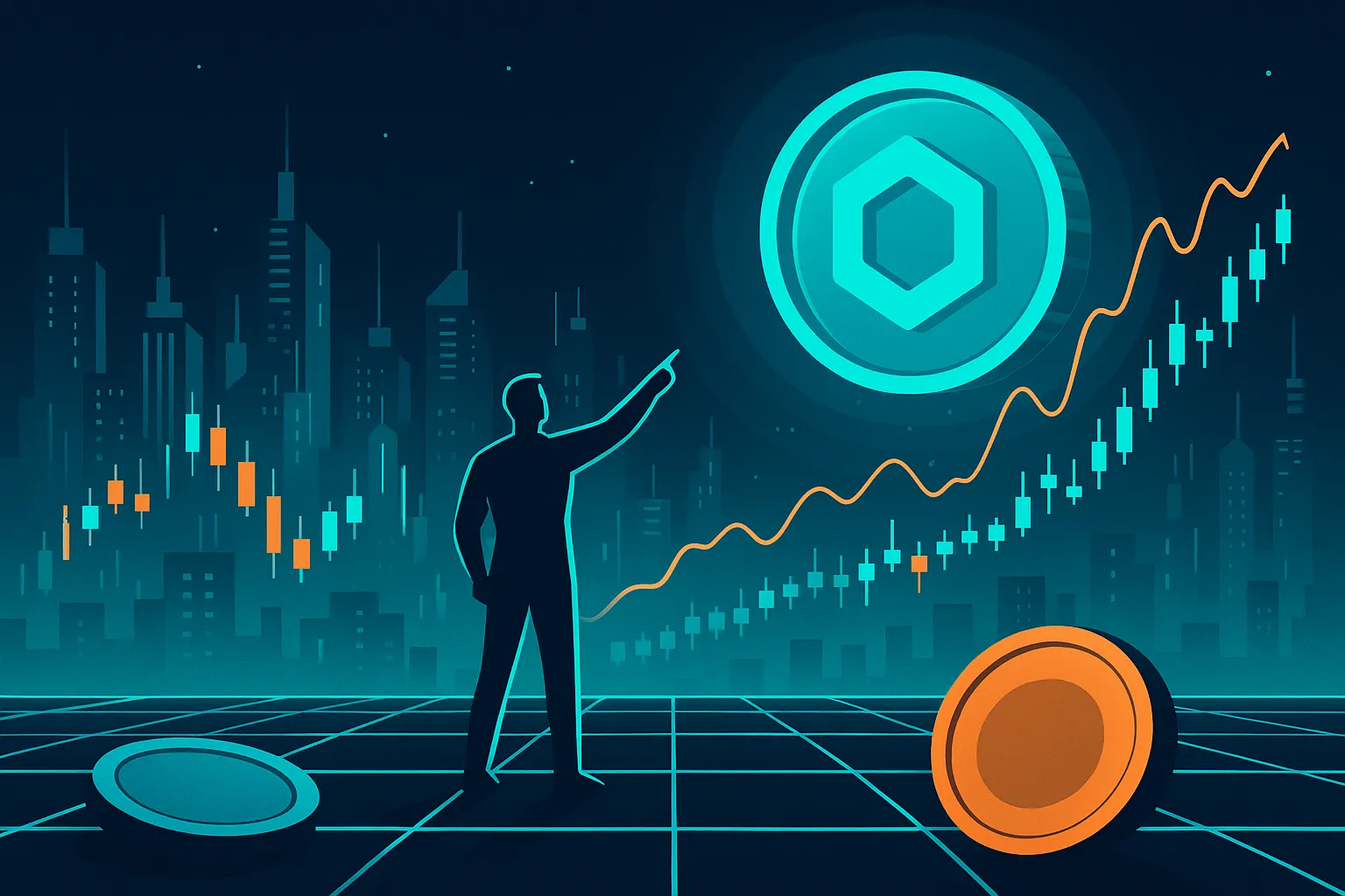 Futuristisch handelaar analyseert hologrammen met prijsvoorspellingen voor LINK-coins in een neonverlichte cryptostad.