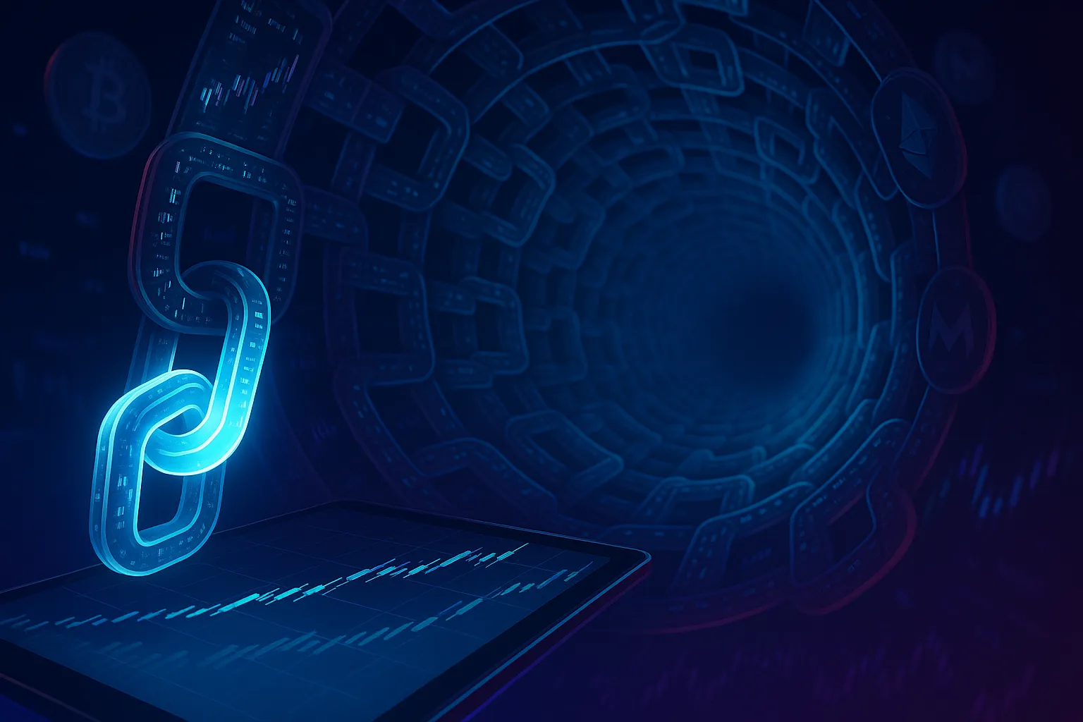 Futuristisch ogende cryptotunnel met LINK-prijsgrafieken en roterende token.