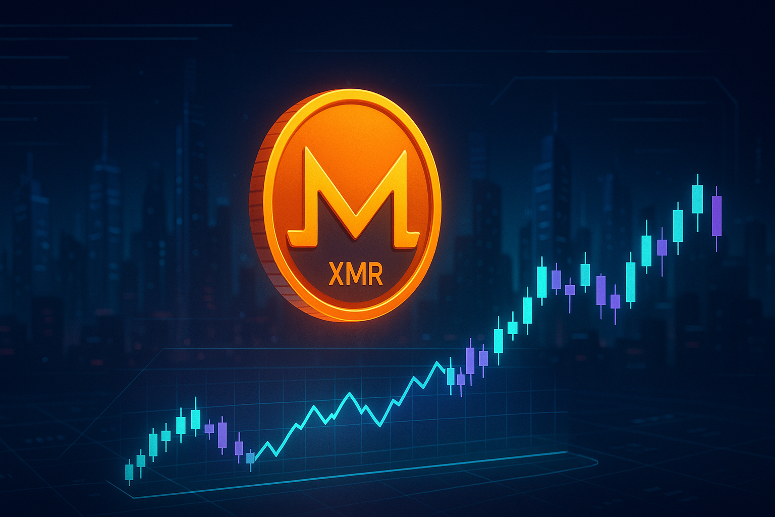 Monero-style coin over holographic XMR price chart in a futuristic city