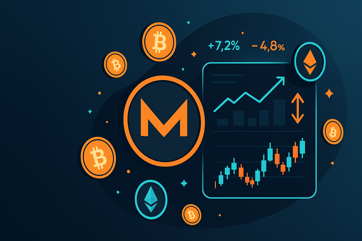 Monero coin with crypto tokens around a price prediction dashboard