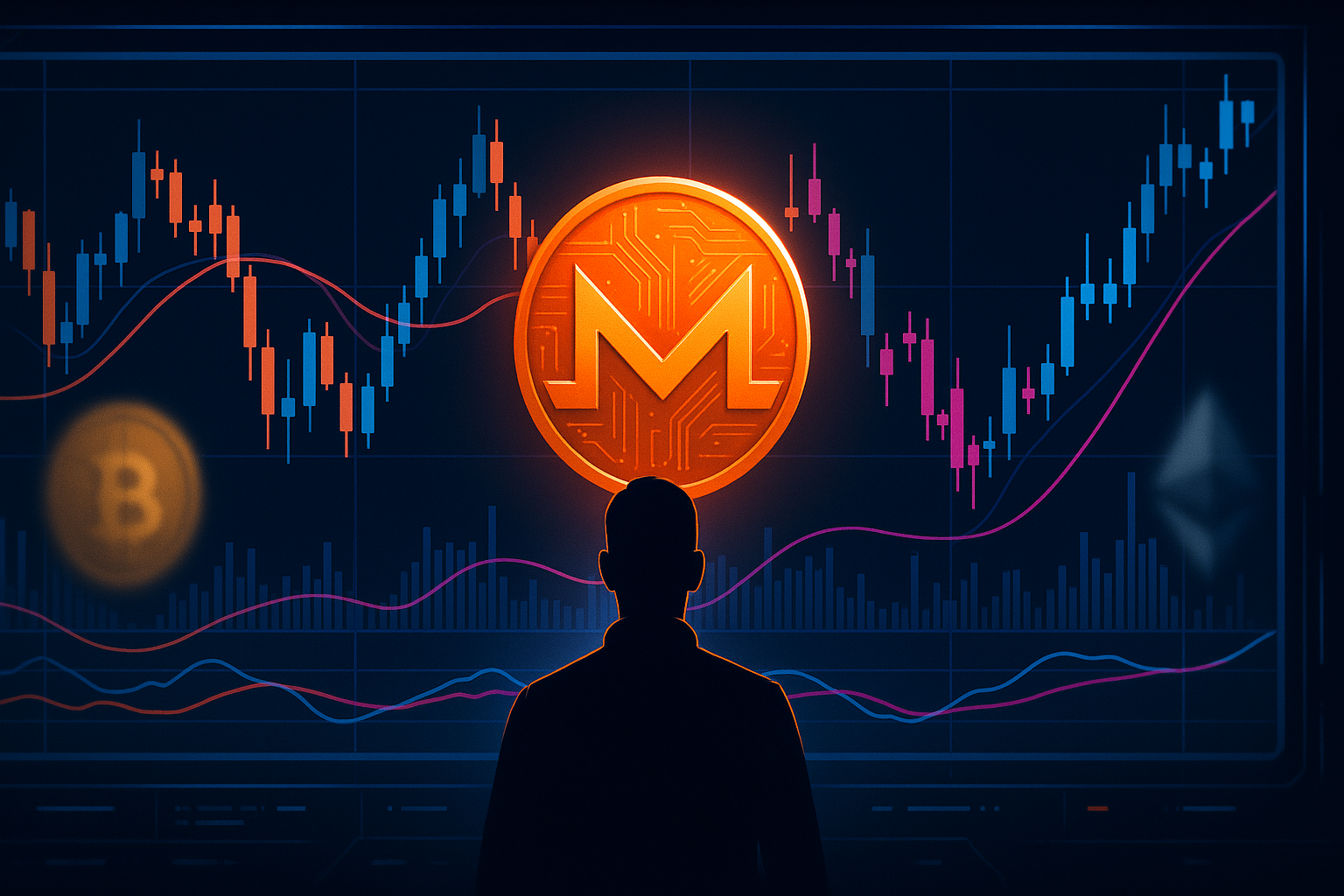 Trader analyzing futuristic Monero price charts with crypto coins