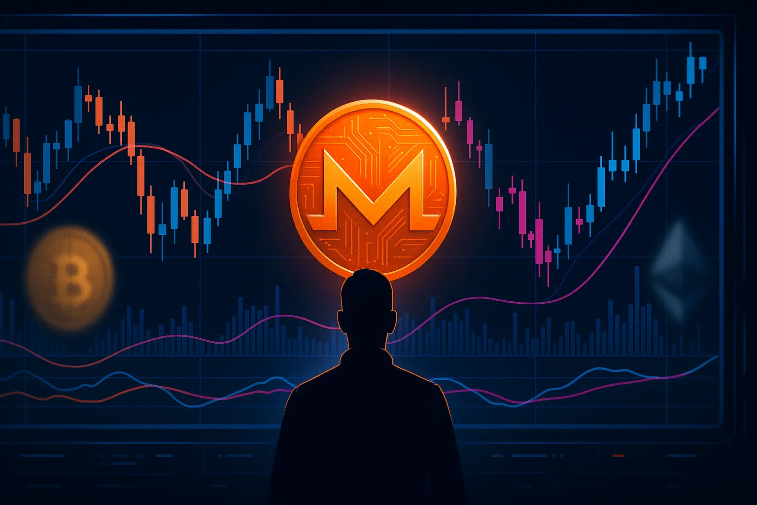Un trader analyse les graphiques de prix futuristes du Monero avec des cryptomonnaies