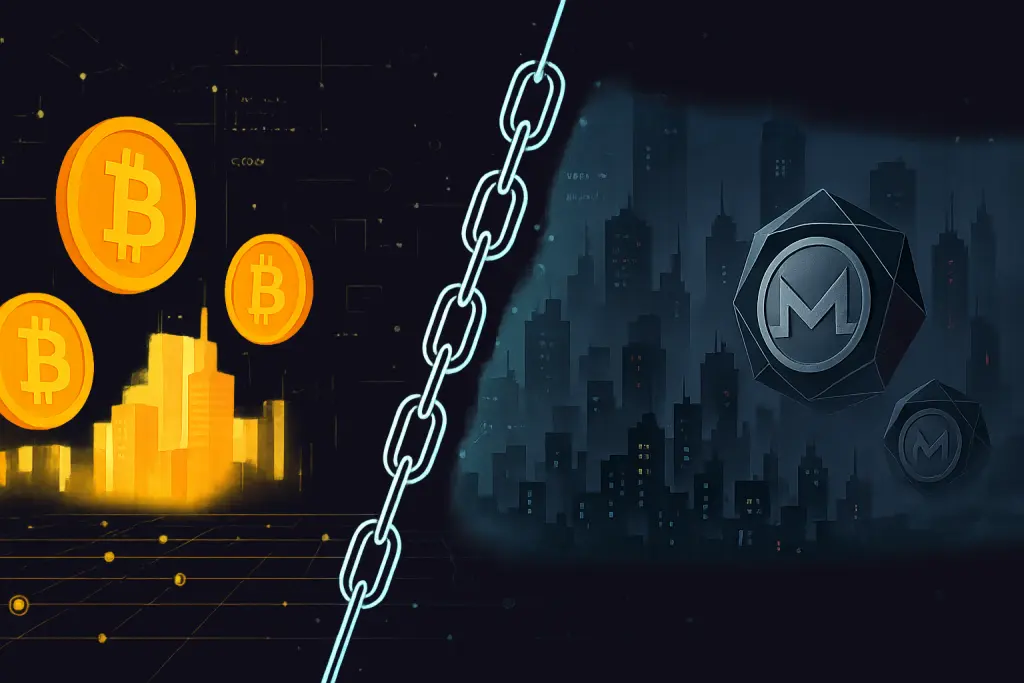 Une ville crypto divisée, affichant des cryptomonnaies transparentes de type Bitcoin contre des cryptomonnaies privées de type Monero sur une blockchain connectée