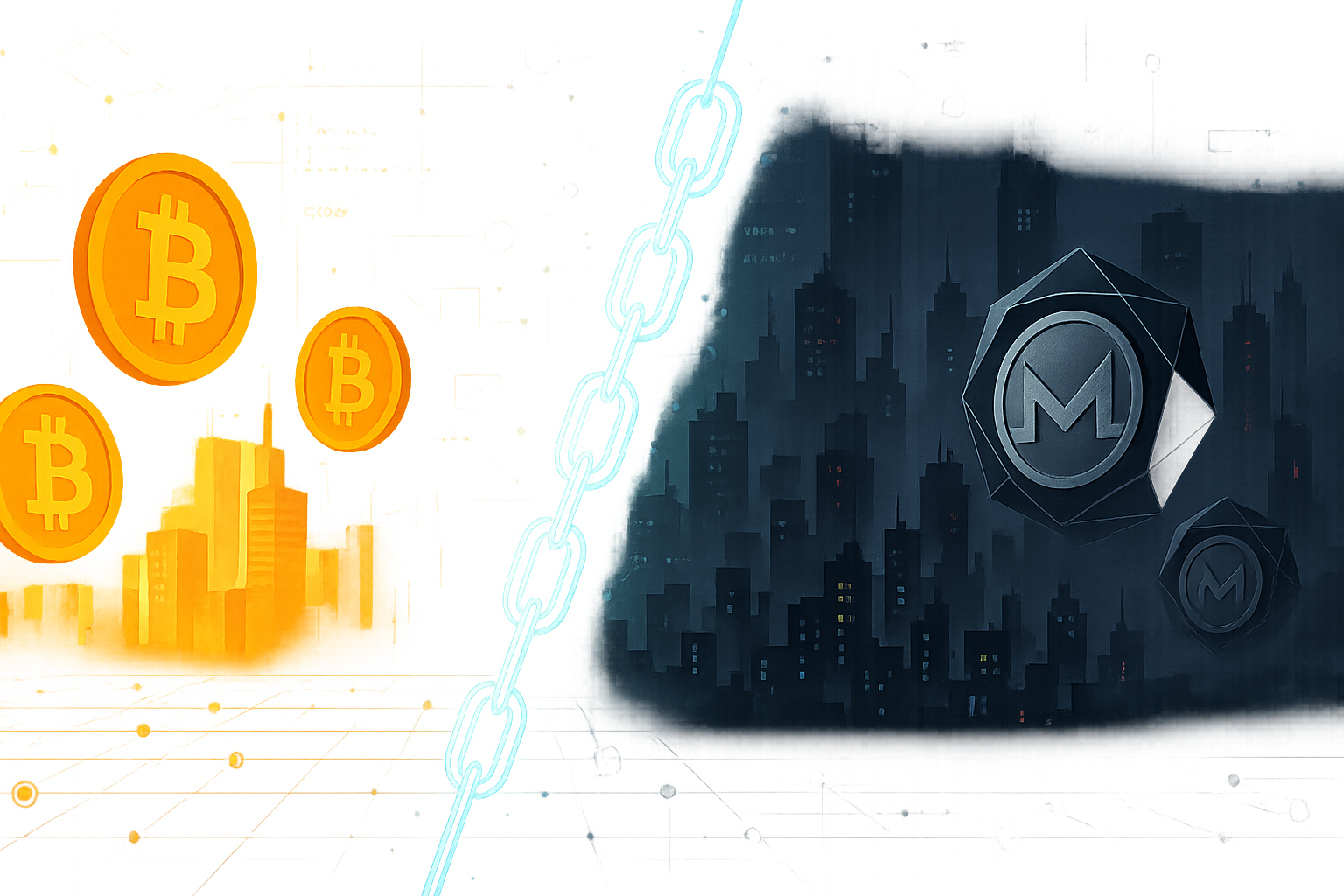 Split crypto city showing transparent Bitcoin-style coins vs private Monero-style coins on a connected blockchain