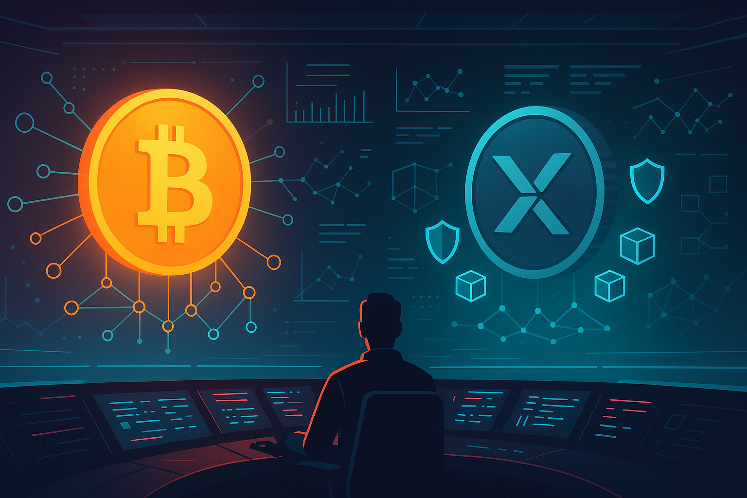 Futuristic crypto control room comparing transparent Bitcoin-style coin with private Monero-style coin