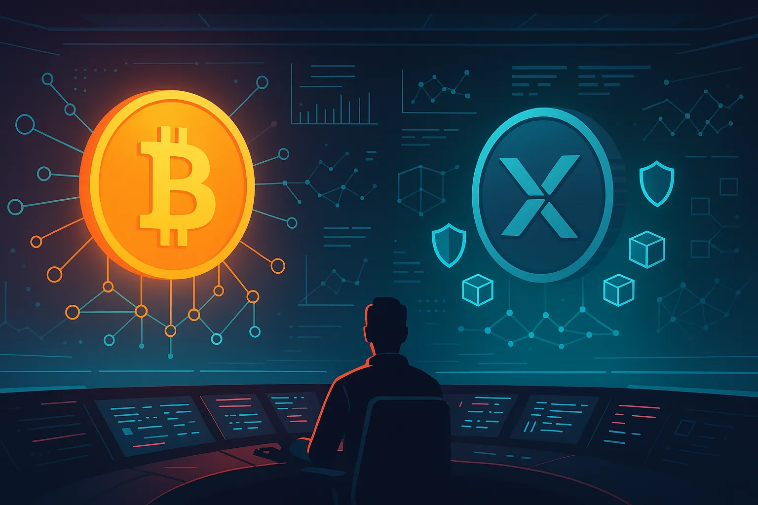 Salle de contrôle crypto futuriste comparant une cryptomonnaie transparente de type Bitcoin à une cryptomonnaie privée de type Monero