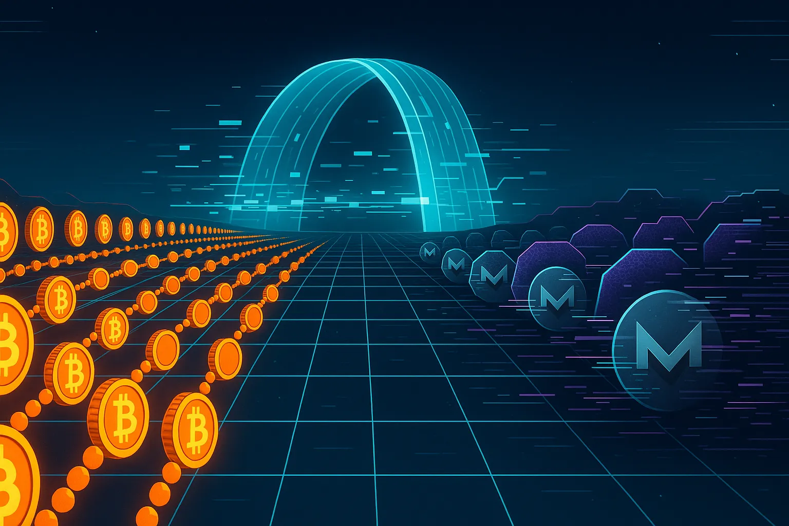 Champ de bataille cybernétique abstrait opposant les cryptomonnaies Bitcoin et Monero, reliées par un pont blockchain lumineux