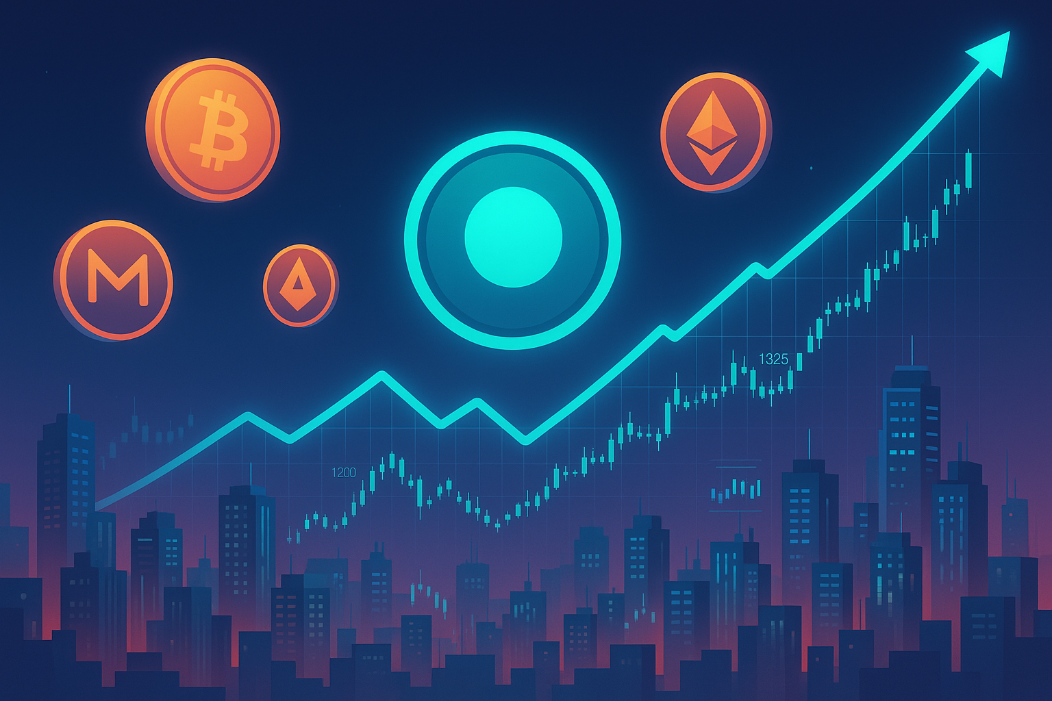 Futuristic neon crypto city with rising chart and optimistic coin