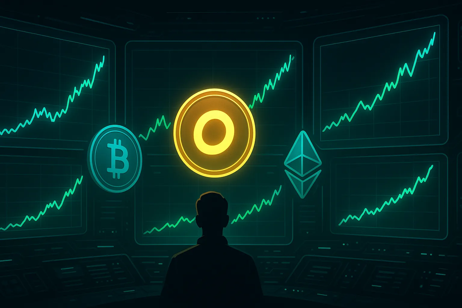 Futuristic dark-mode trading dashboard with rising optimism coin charts
