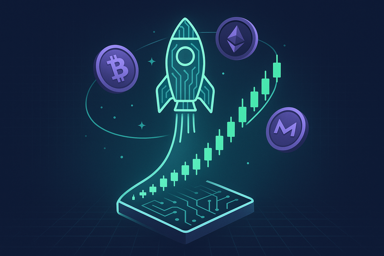 Futuristic rocket from blockchain platform with rising crypto price chart and spinning coins