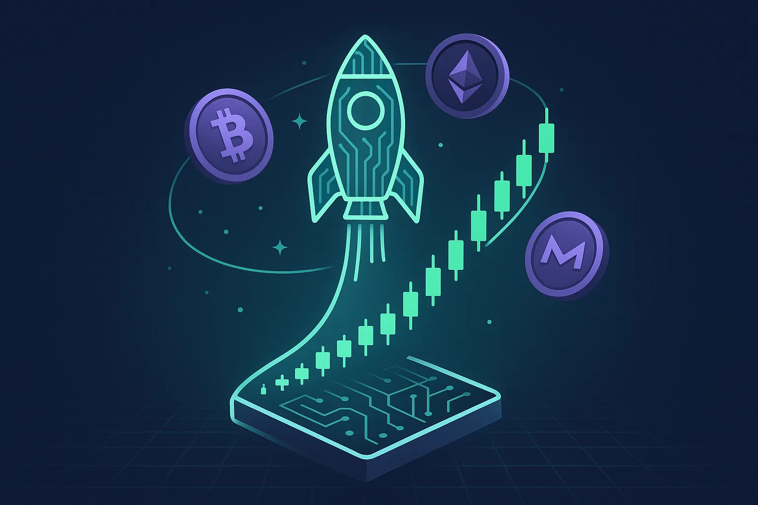 Futuristic rocket from blockchain platform with rising crypto price chart and spinning coins