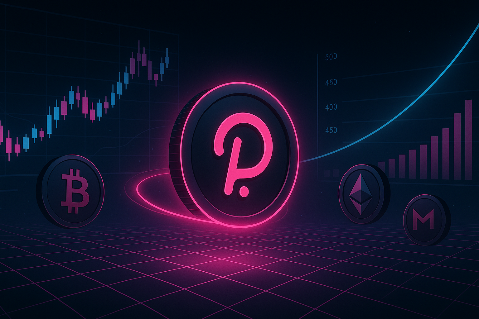 Futuristic crypto trading dashboard highlighting a DOT token price prediction