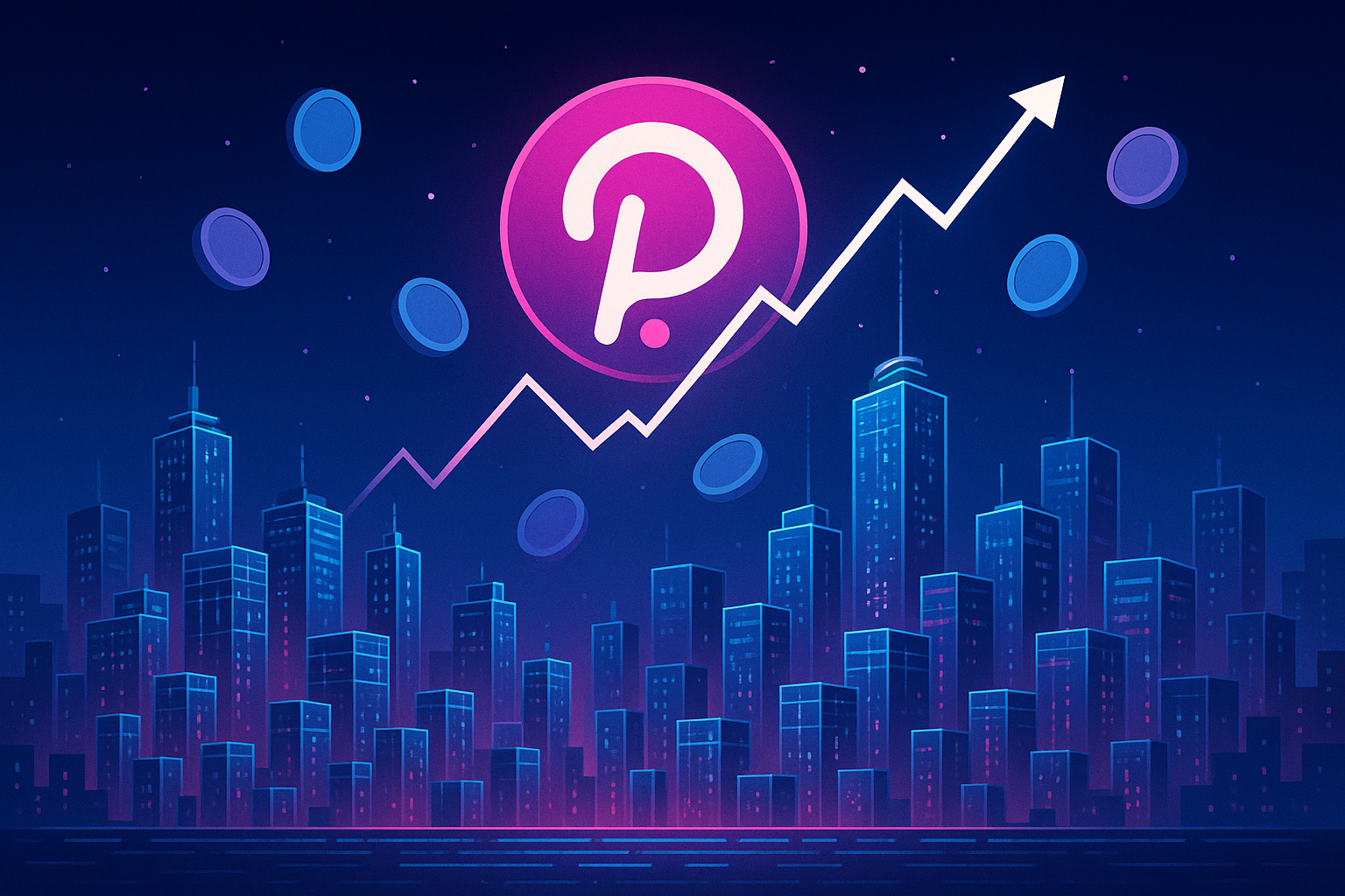 Futuristic holographic cityscape with floating Polkadot-style coin and price prediction charts at night
