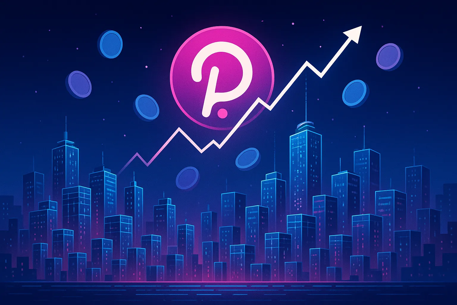 Paysage urbain holographique futuriste avec une pièce de monnaie flottante de style Polkadot et des graphiques de prédiction des prix la nuit