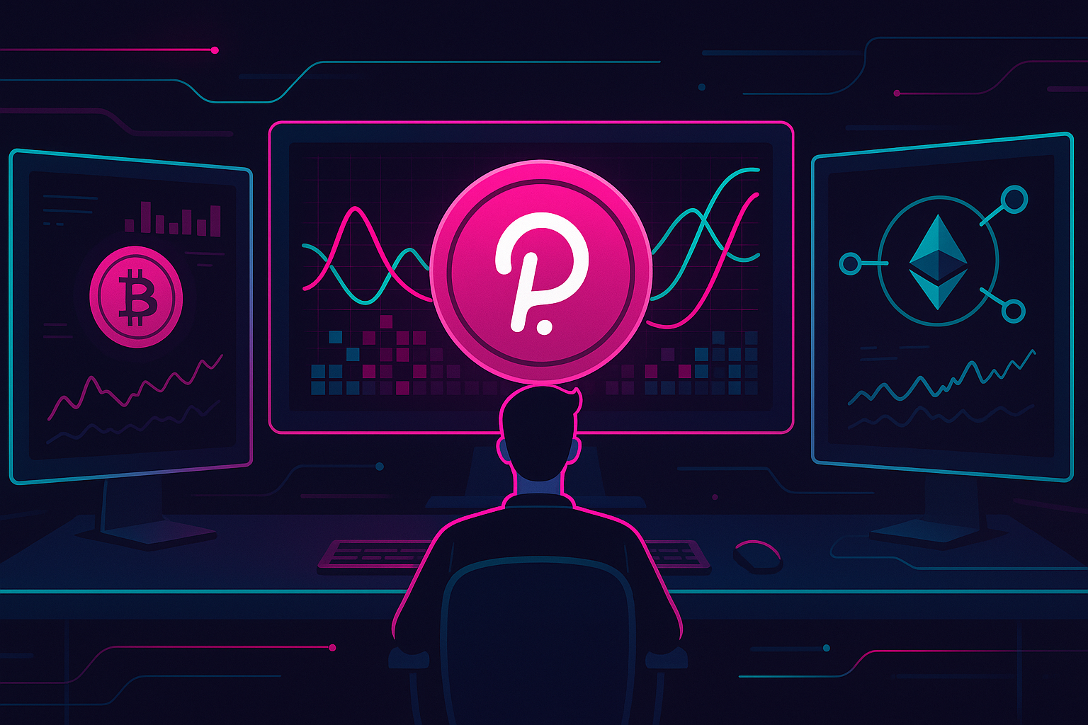 Crypto analyst studying Polkadot price prediction charts on ultra-wide monitors