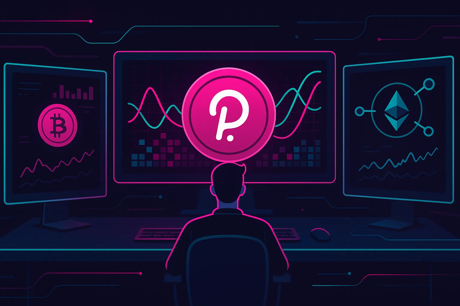 Un analyste crypto étudie les graphiques de prédiction du prix de Polkadot sur des écrans ultra-larges.