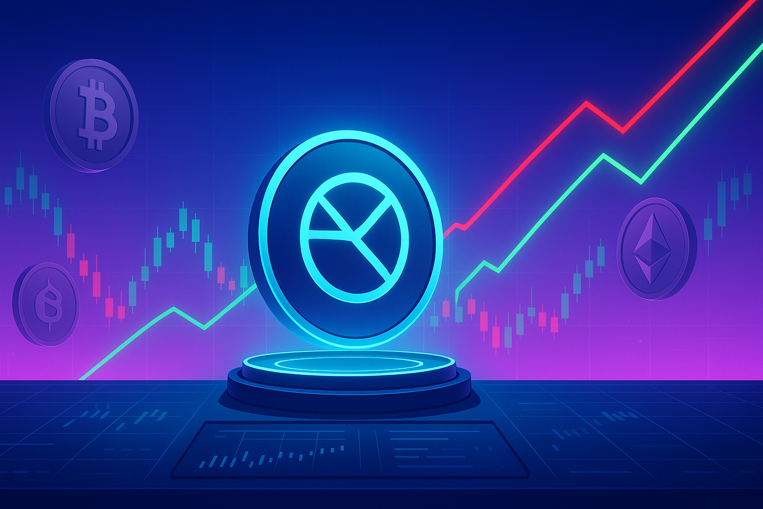 Futuristic trading terminal with SEI coin and crypto price charts in neon landscape