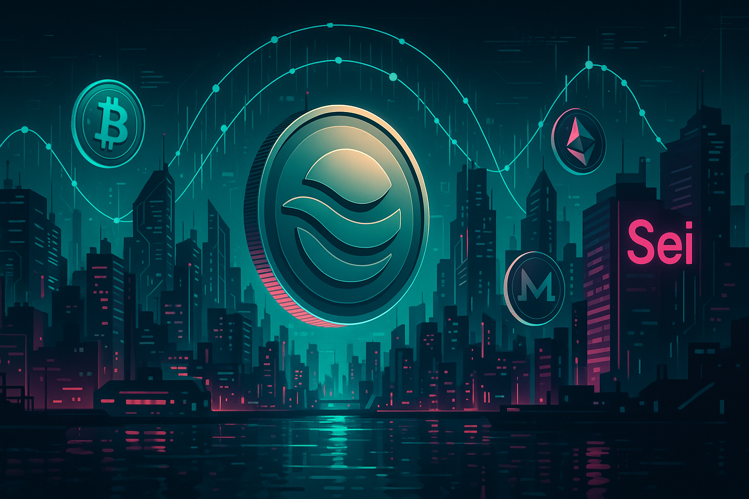 Cyberpunk harbor city of Sei with neon price charts and SEI coin