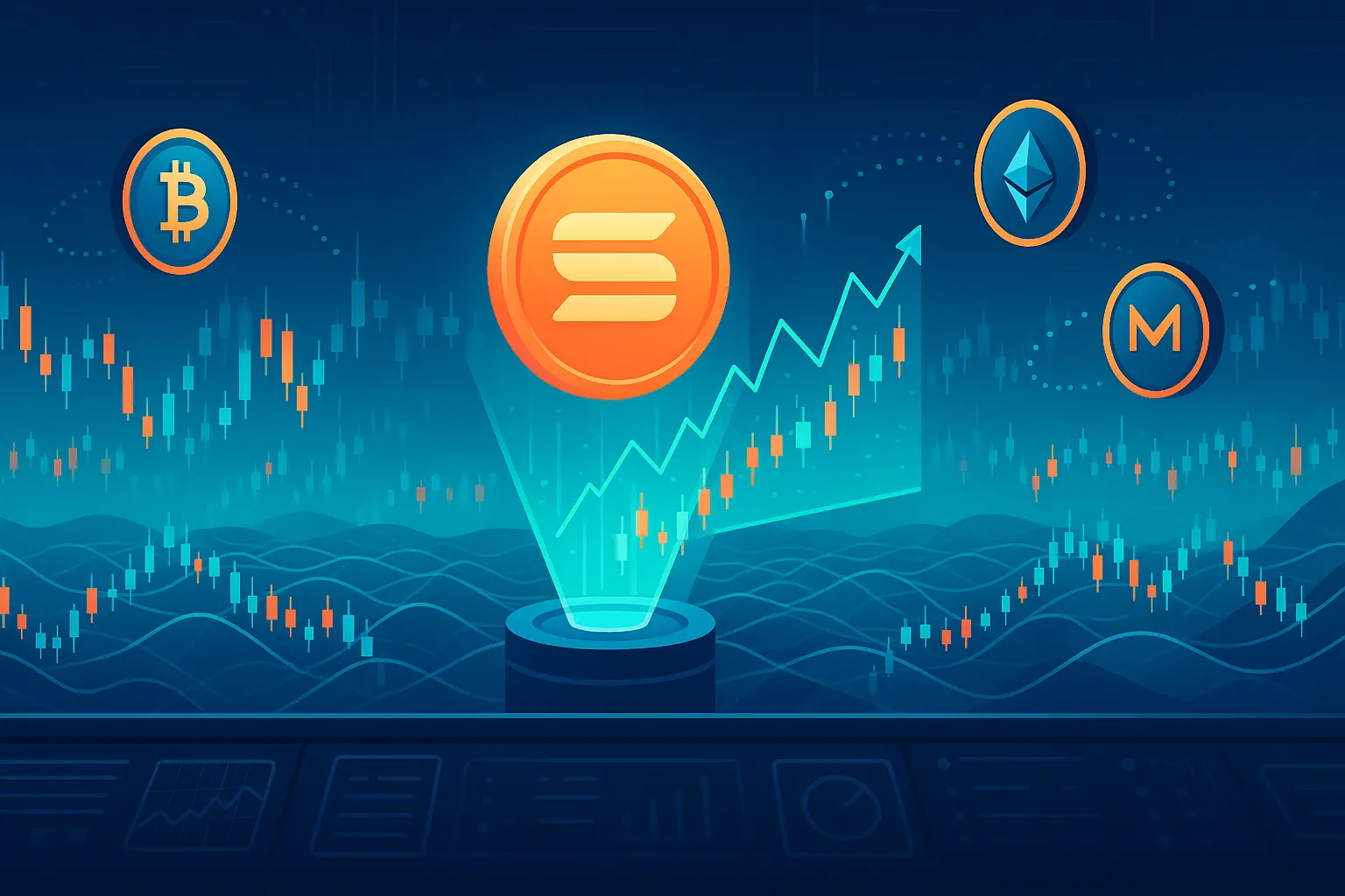 SEIコインと価格予測チャートを備えた未来的な暗号通貨コントロールルーム