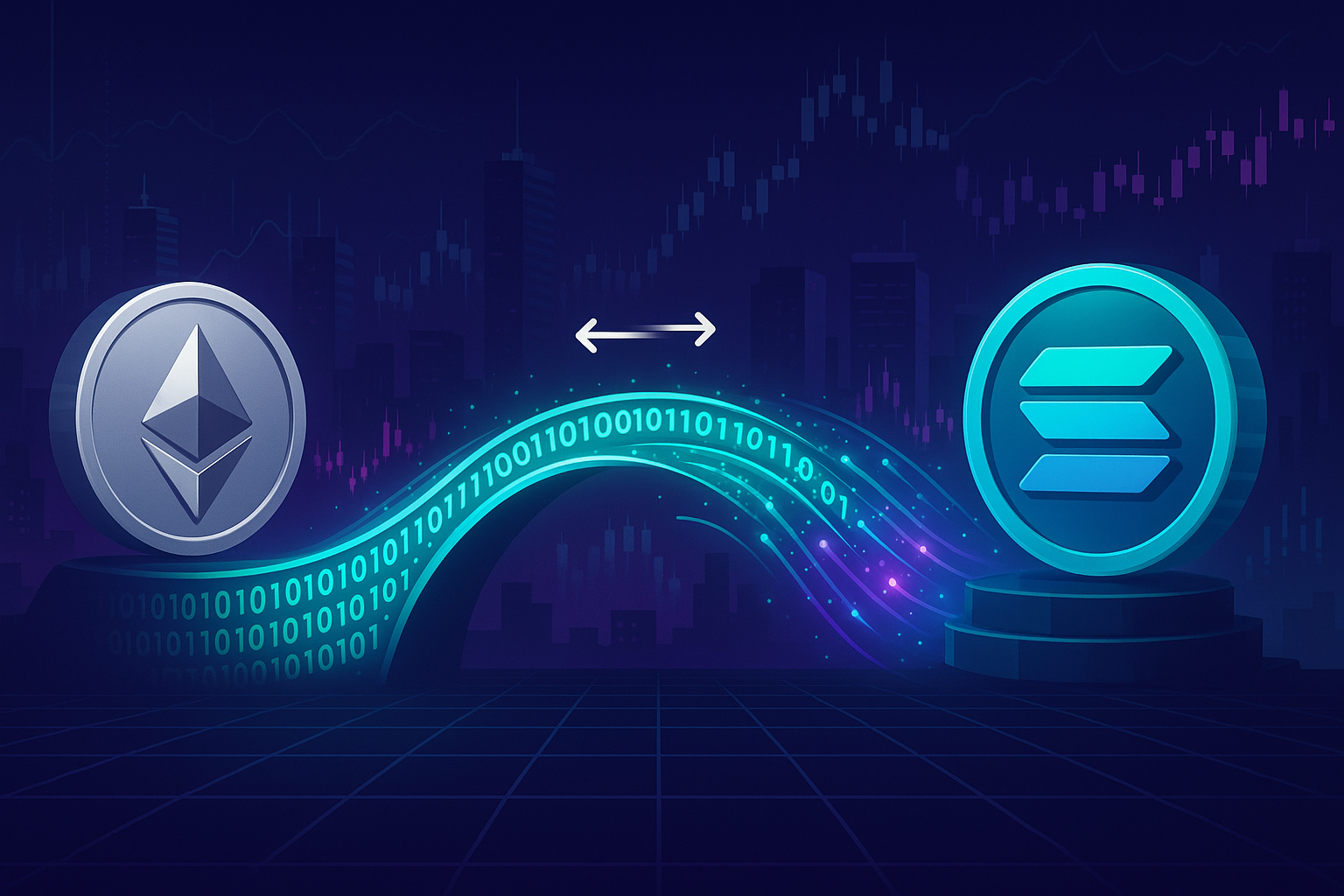 Futuristic crypto bridge visualizing secure ETH to SOL swap